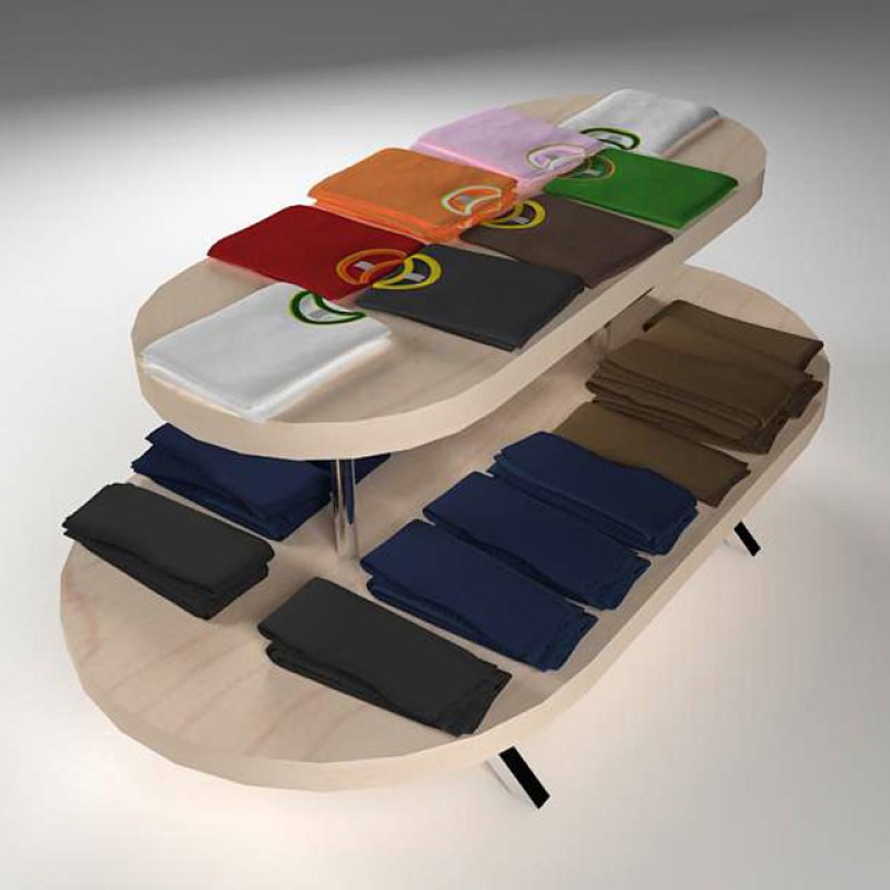 Mesa expositora de madera ovalada de doble nivel